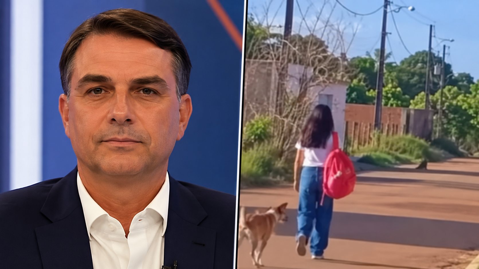 Pai da menina ao lado de uma imagem da jovem caminhando por uma rua com uma mochila vermelha