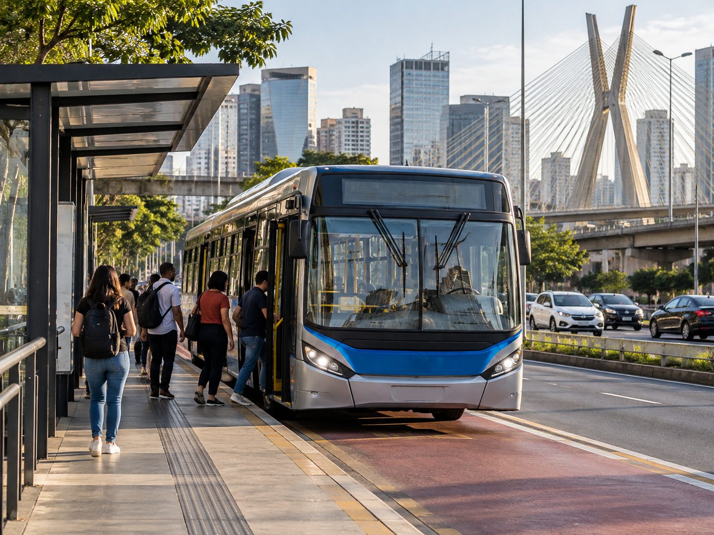 Ônibus urbano parado em avenida metropolitana