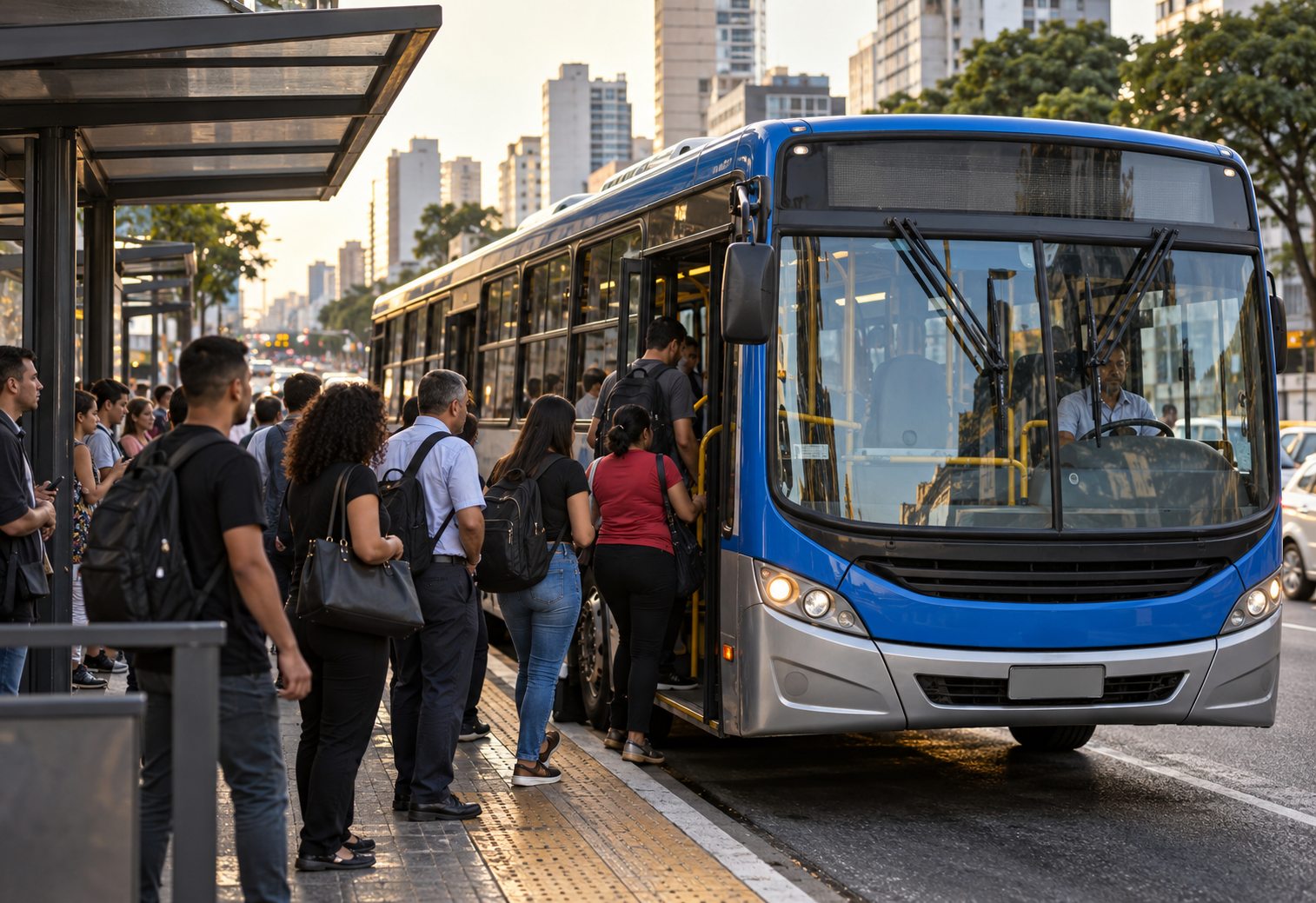 Passageiros embarcando em ônibus urbano